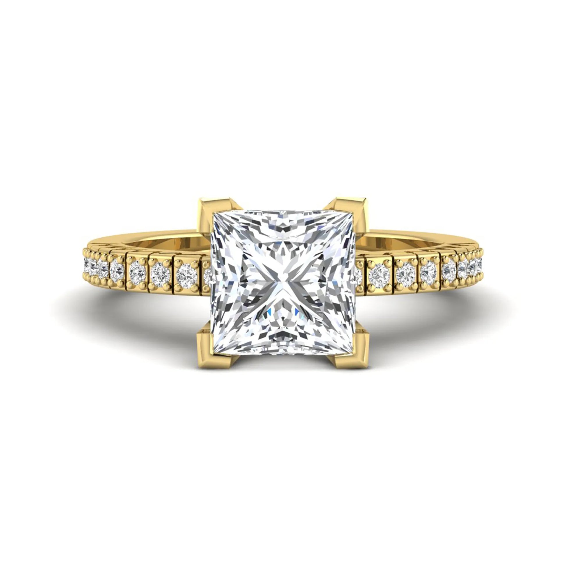 Princess cut lab grown diamond engagement ring featuring a four-prong setting with round accent diamonds on a geometric yellow gold style band.