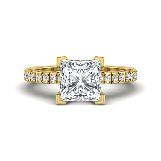 Princess cut lab grown diamond engagement ring featuring a four-prong setting with round accent diamonds on a geometric yellow gold style band.