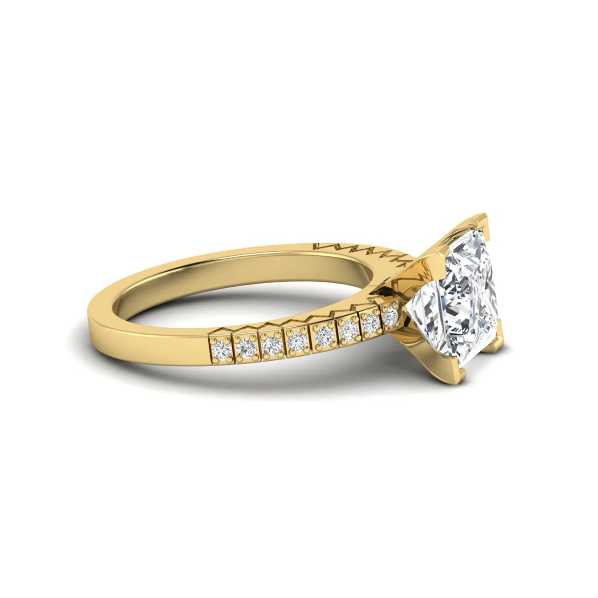 Princess cut lab grown diamond engagement ring featuring a four-prong setting with round accent diamonds on a geometric yellow gold style band.