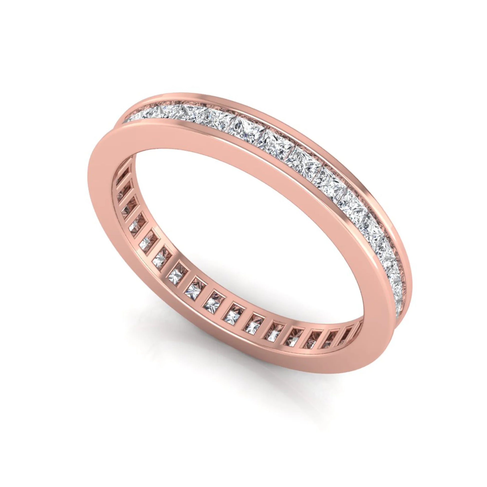 Princess cut channel set lab grown diamond eternity band ring with rose gold tone design