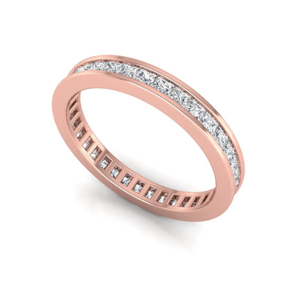 Princess cut channel set lab grown diamond eternity band ring with rose gold tone design