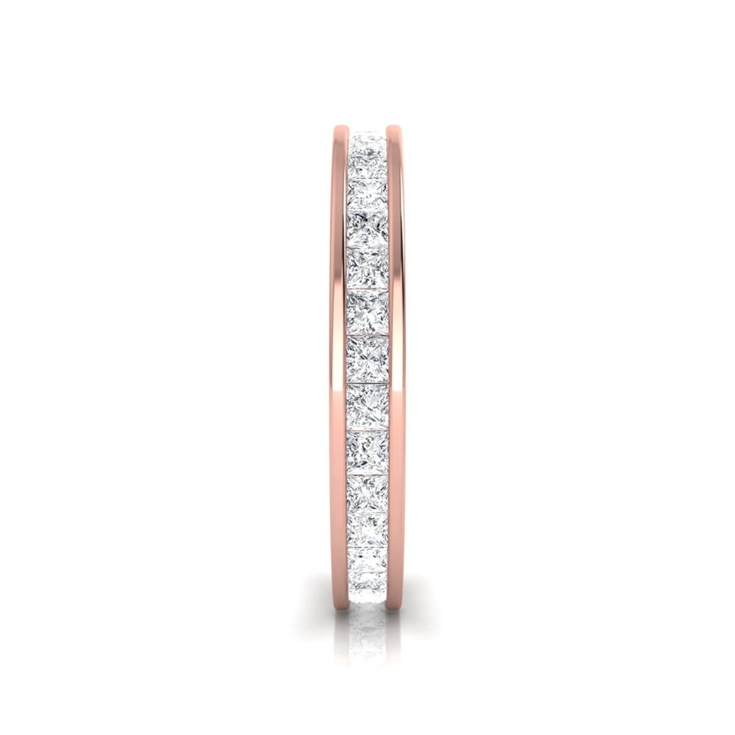 Princess cut channel set lab grown diamond eternity band ring with rose gold tone design
