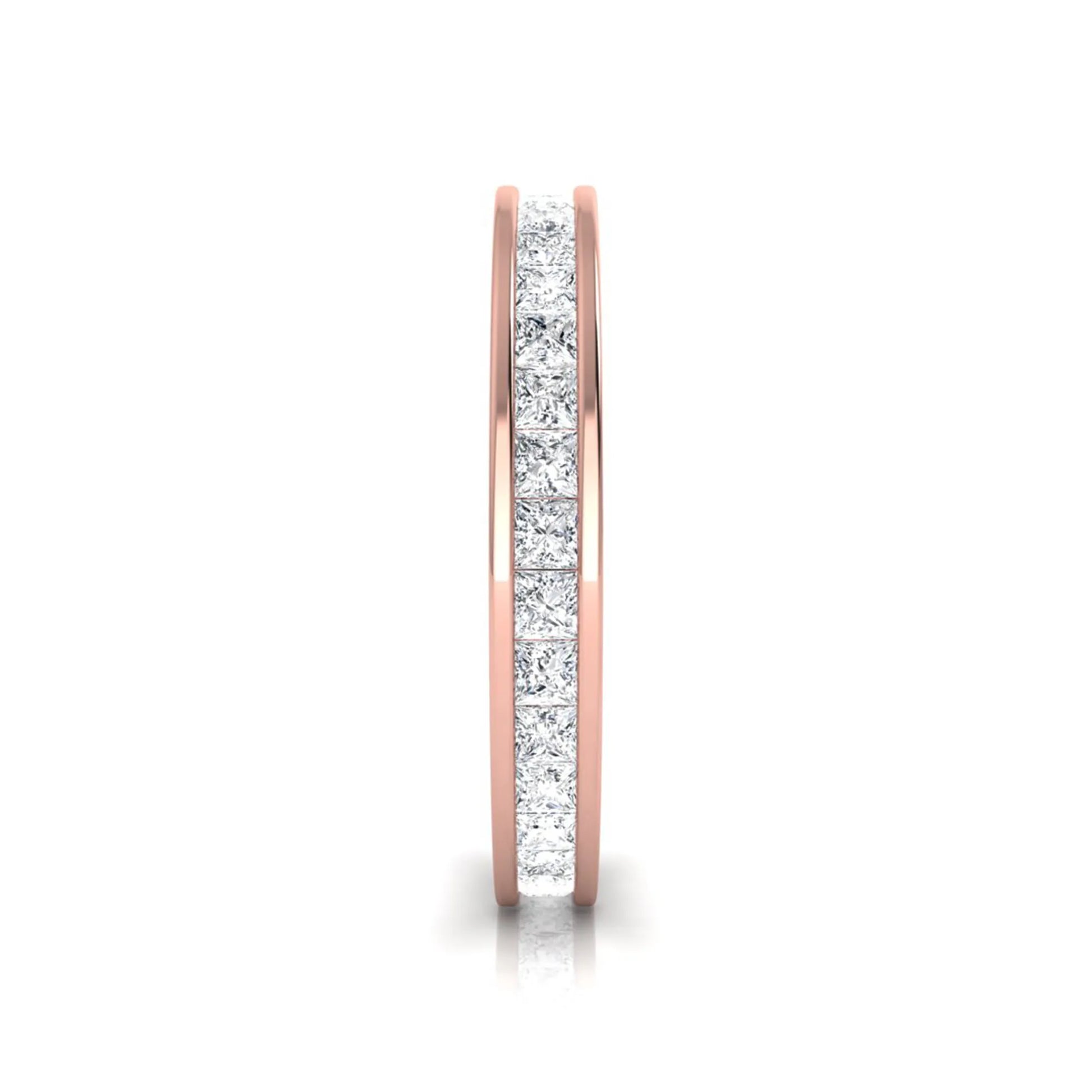 Princess cut channel set lab grown diamond eternity band ring with rose gold tone design