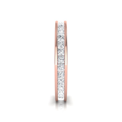 Princess cut channel set lab grown diamond eternity band ring with rose gold tone design