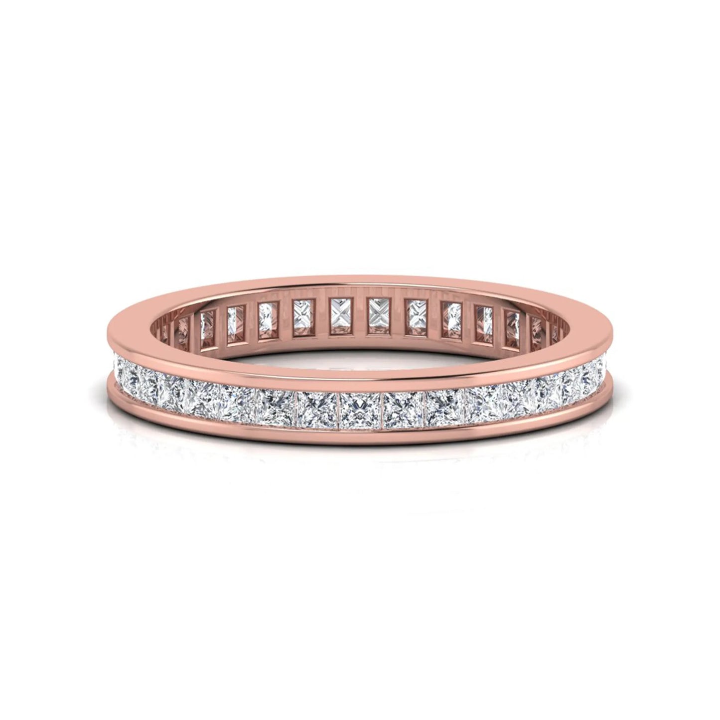Princess cut channel set lab grown diamond eternity band ring with rose gold tone design