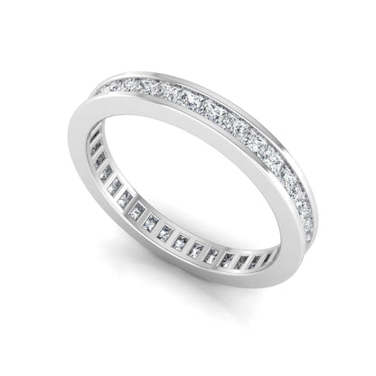 Princess cut channel set lab grown diamond eternity band ring with white gold tone design