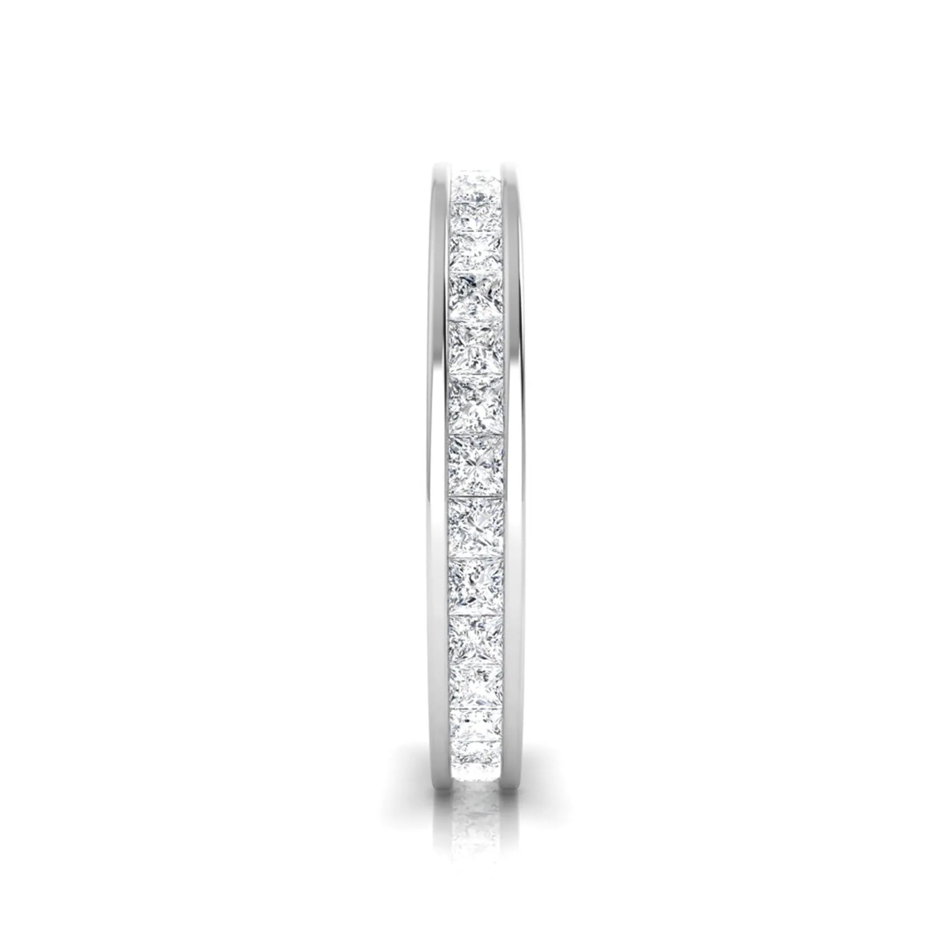 Princess cut channel set lab grown diamond eternity band ring with white gold tone design
