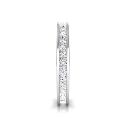 Princess cut channel set lab grown diamond eternity band ring with white gold tone design