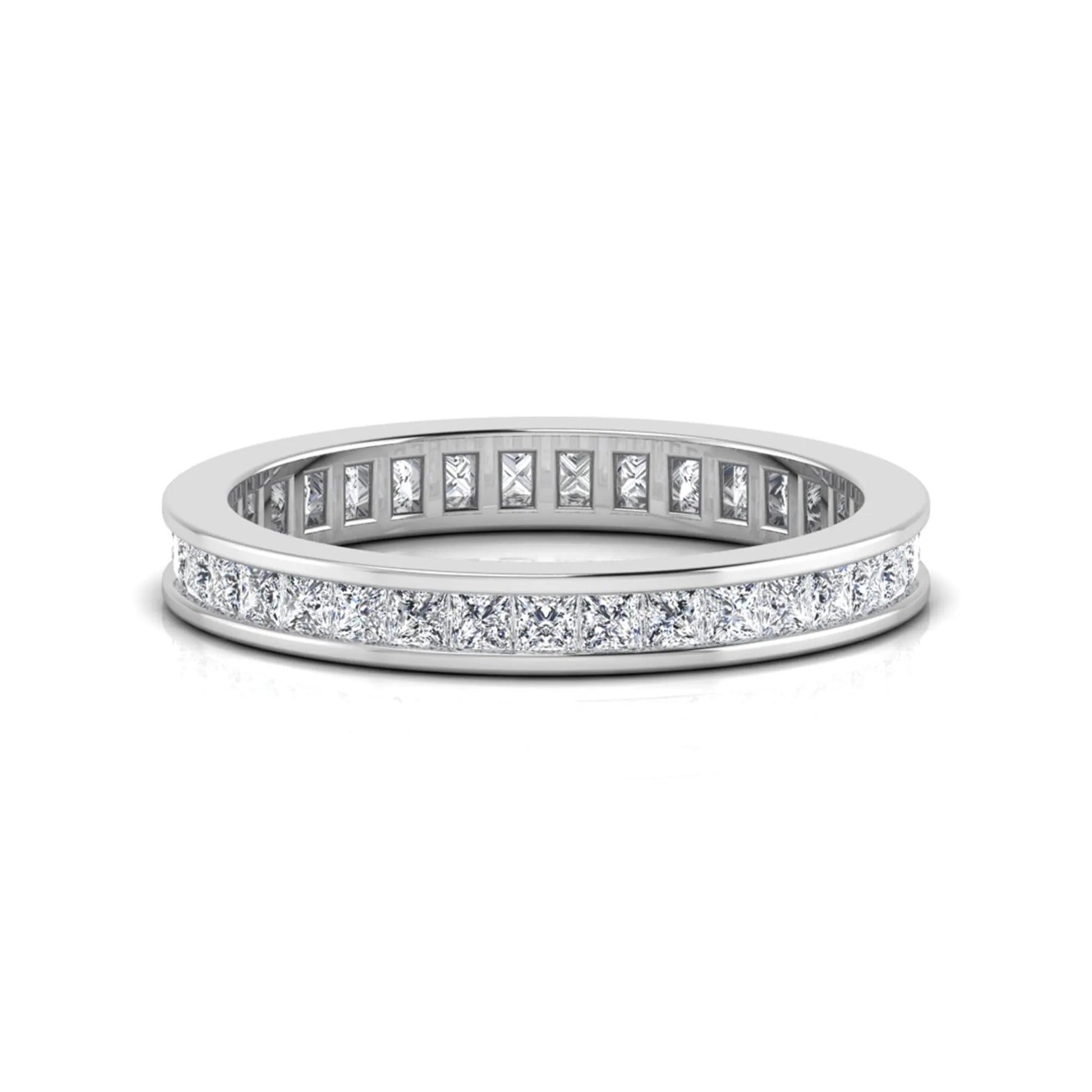 Princess cut channel set lab grown diamond eternity band ring with white gold tone design