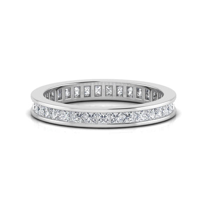Princess cut channel set lab grown diamond eternity band ring with white gold tone design