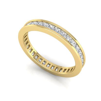 Princess cut channel set lab grown diamond eternity band ring with yellow gold tone design