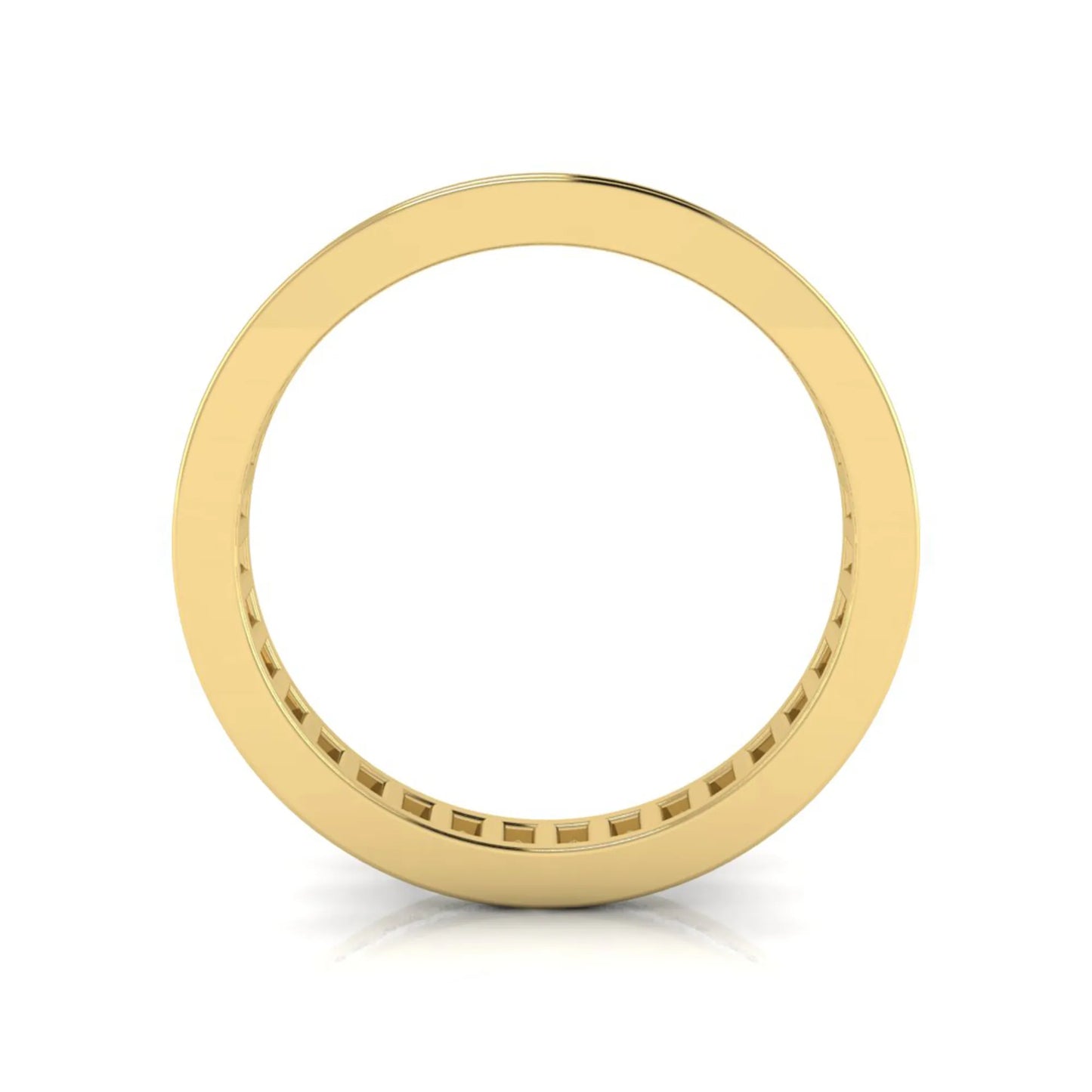Princess cut channel set lab grown diamond eternity band ring with yellow gold tone design