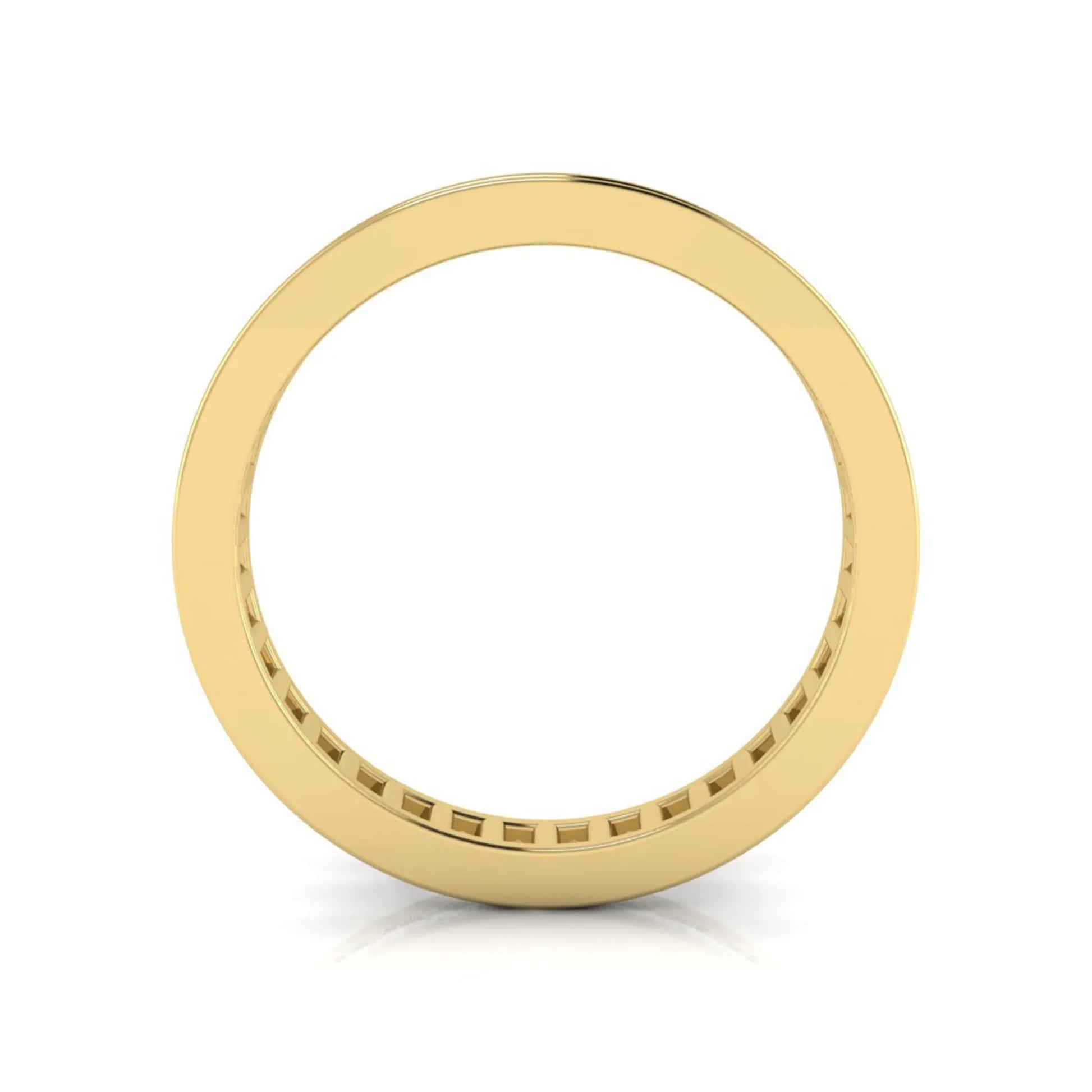 Princess cut channel set lab grown diamond eternity band ring with yellow gold tone design