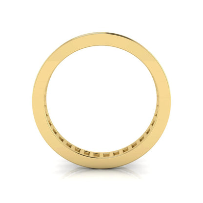 Princess cut channel set lab grown diamond eternity band ring with yellow gold tone design