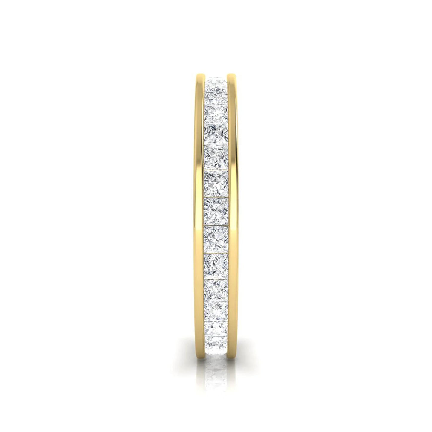 Princess cut channel set lab grown diamond eternity band ring with yellow gold tone design