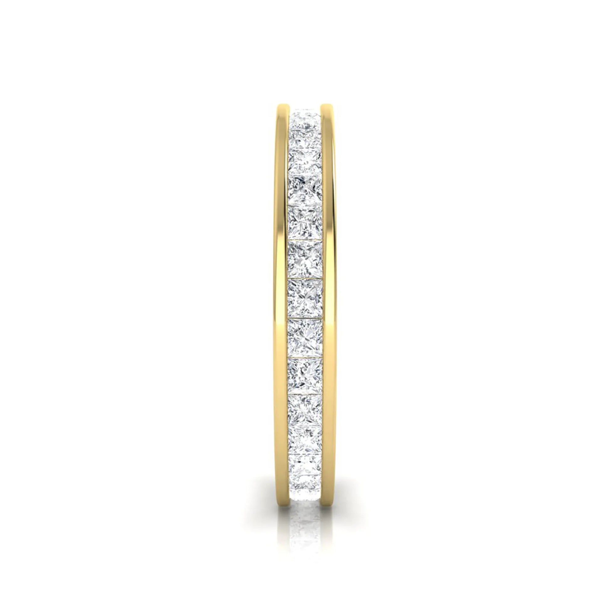 Princess cut channel set lab grown diamond eternity band ring with yellow gold tone design