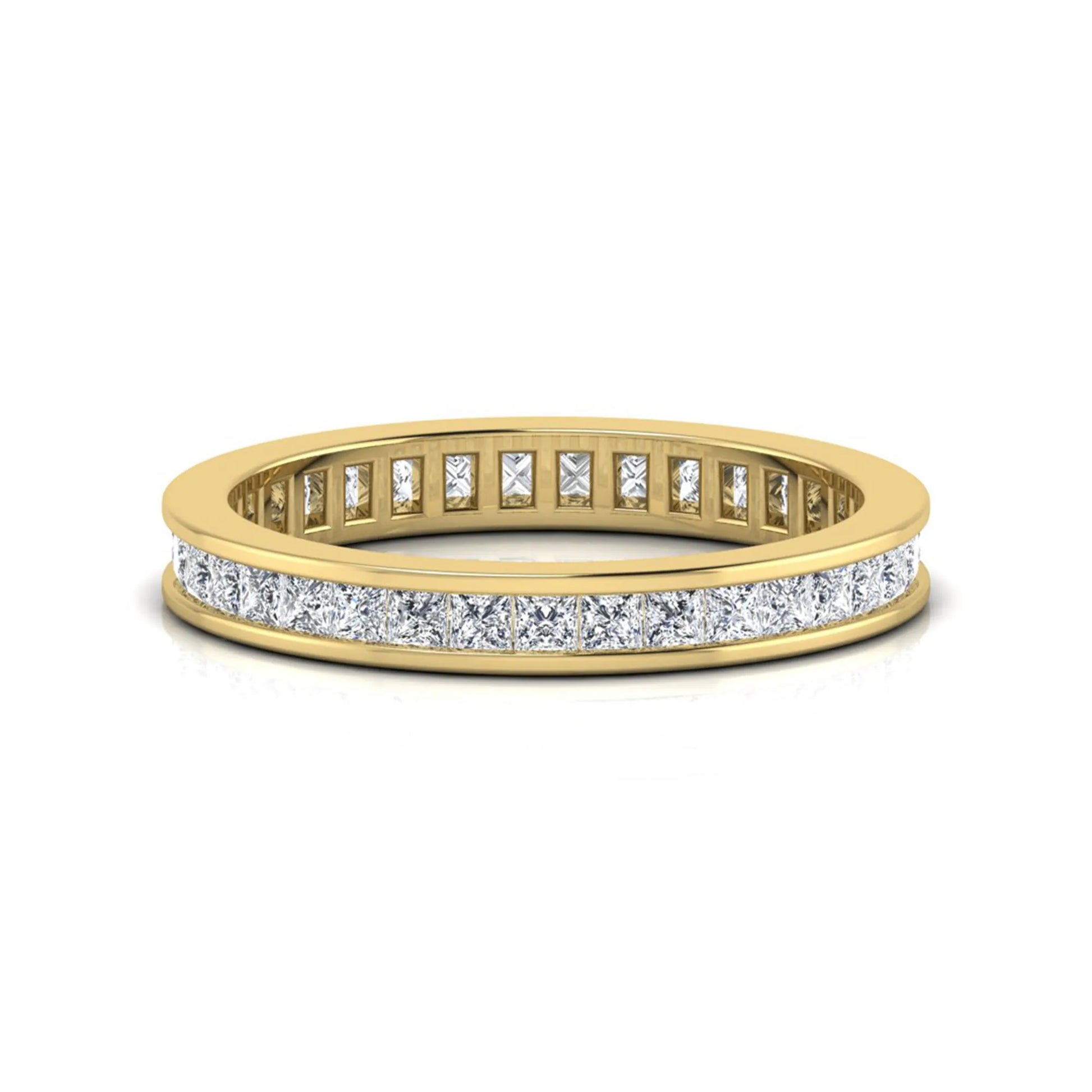 Princess cut channel set lab grown diamond eternity band ring with yellow gold tone design