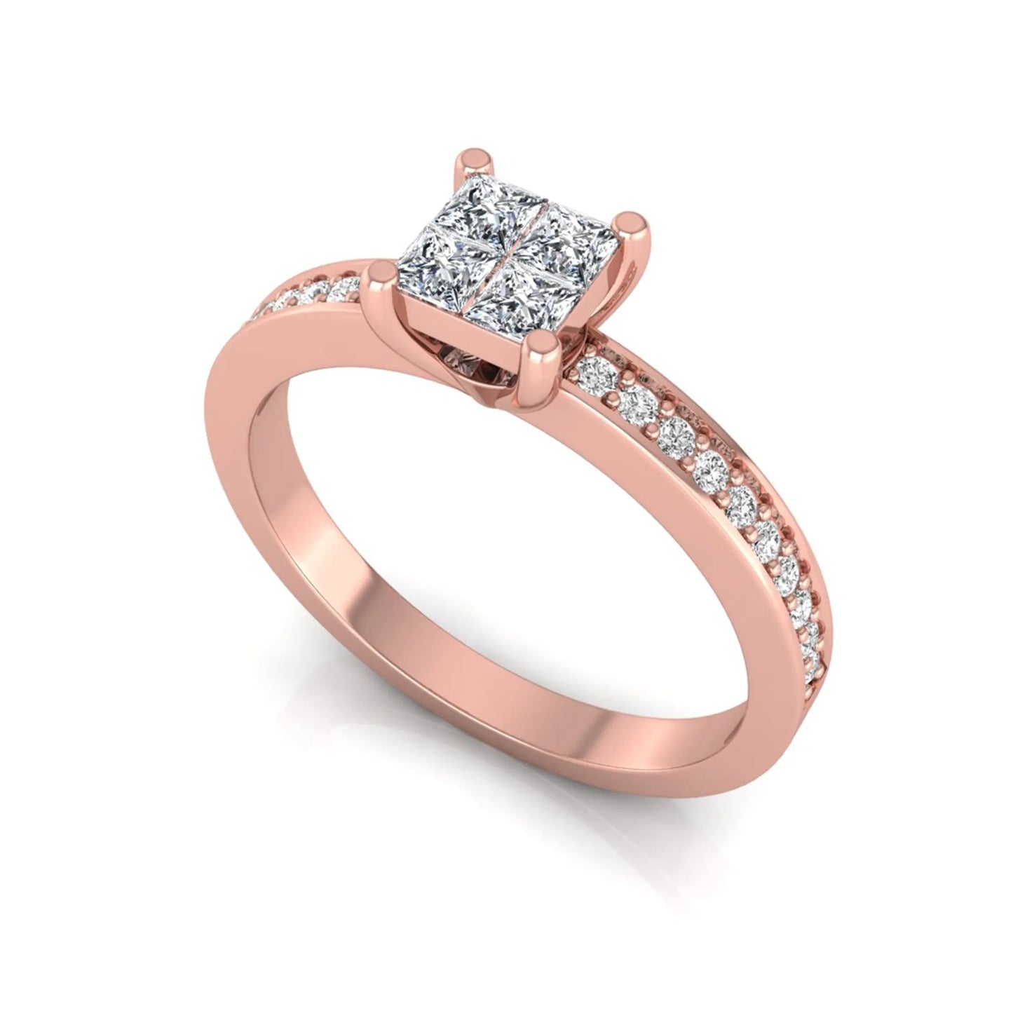 Princess cut cluster lab grown diamond engagement ring with four-prong setting and round pavé diamond band in rose gold metal finish.