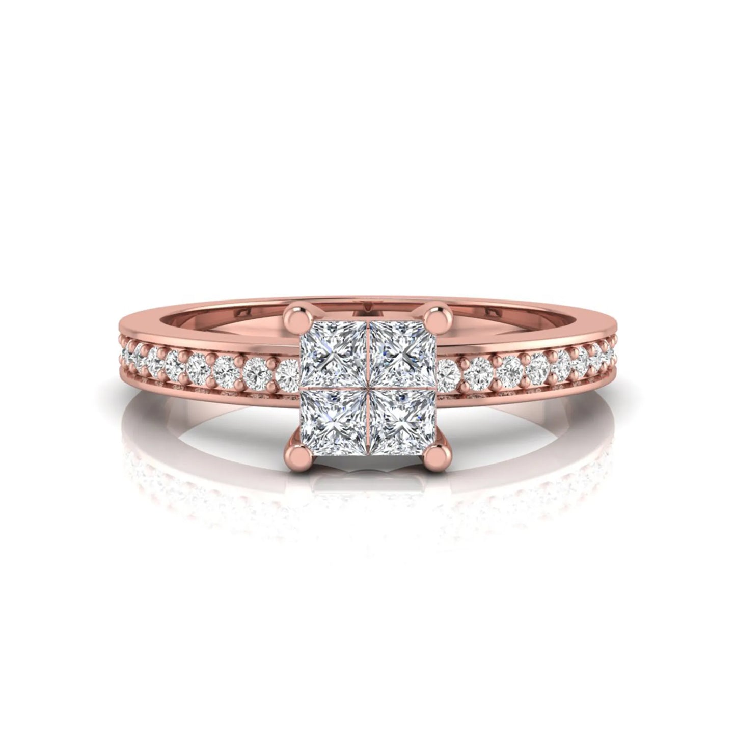 Princess cut cluster lab grown diamond engagement ring with four-prong setting and round pavé diamond band in rose gold metal finish.