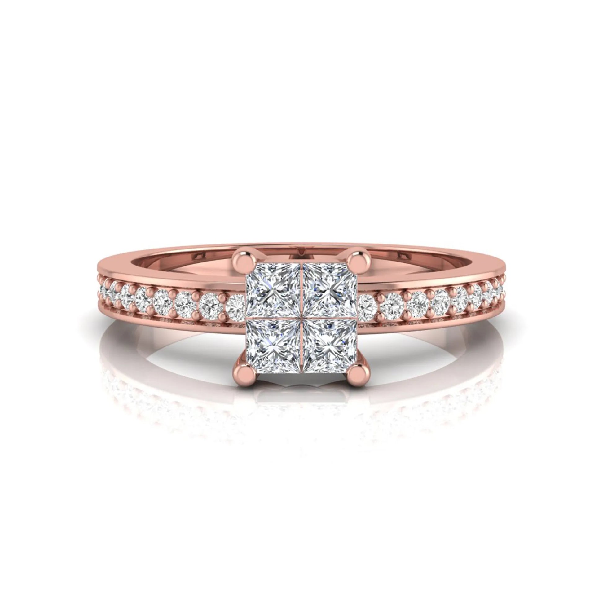 Princess cut cluster lab grown diamond engagement ring with four-prong setting and round pavé diamond band in rose gold metal finish.