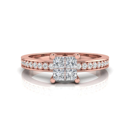 Princess cut cluster lab grown diamond engagement ring with four-prong setting and round pavé diamond band in rose gold metal finish.