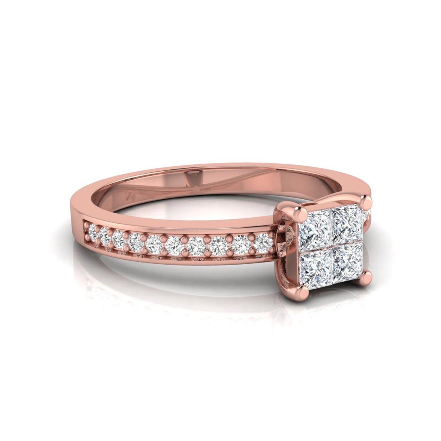 Princess cut cluster lab grown diamond engagement ring with four-prong setting and round pavé diamond band in rose gold metal finish.