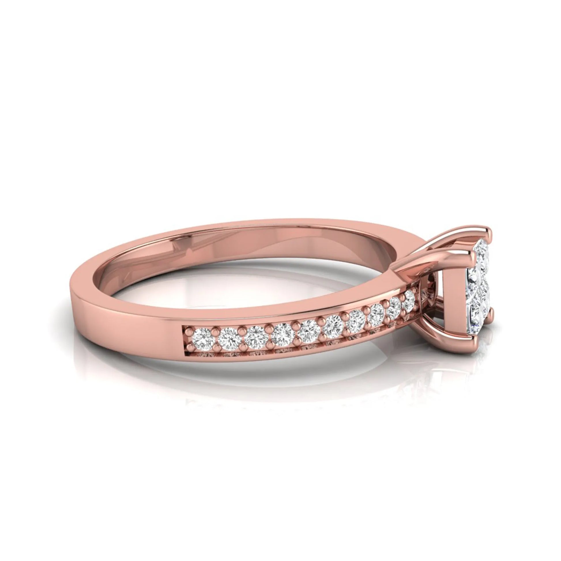 Princess cut cluster lab grown diamond engagement ring with four-prong setting and round pavé diamond band in rose gold metal finish.