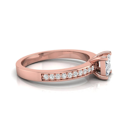 Princess cut cluster lab grown diamond engagement ring with four-prong setting and round pavé diamond band in rose gold metal finish.