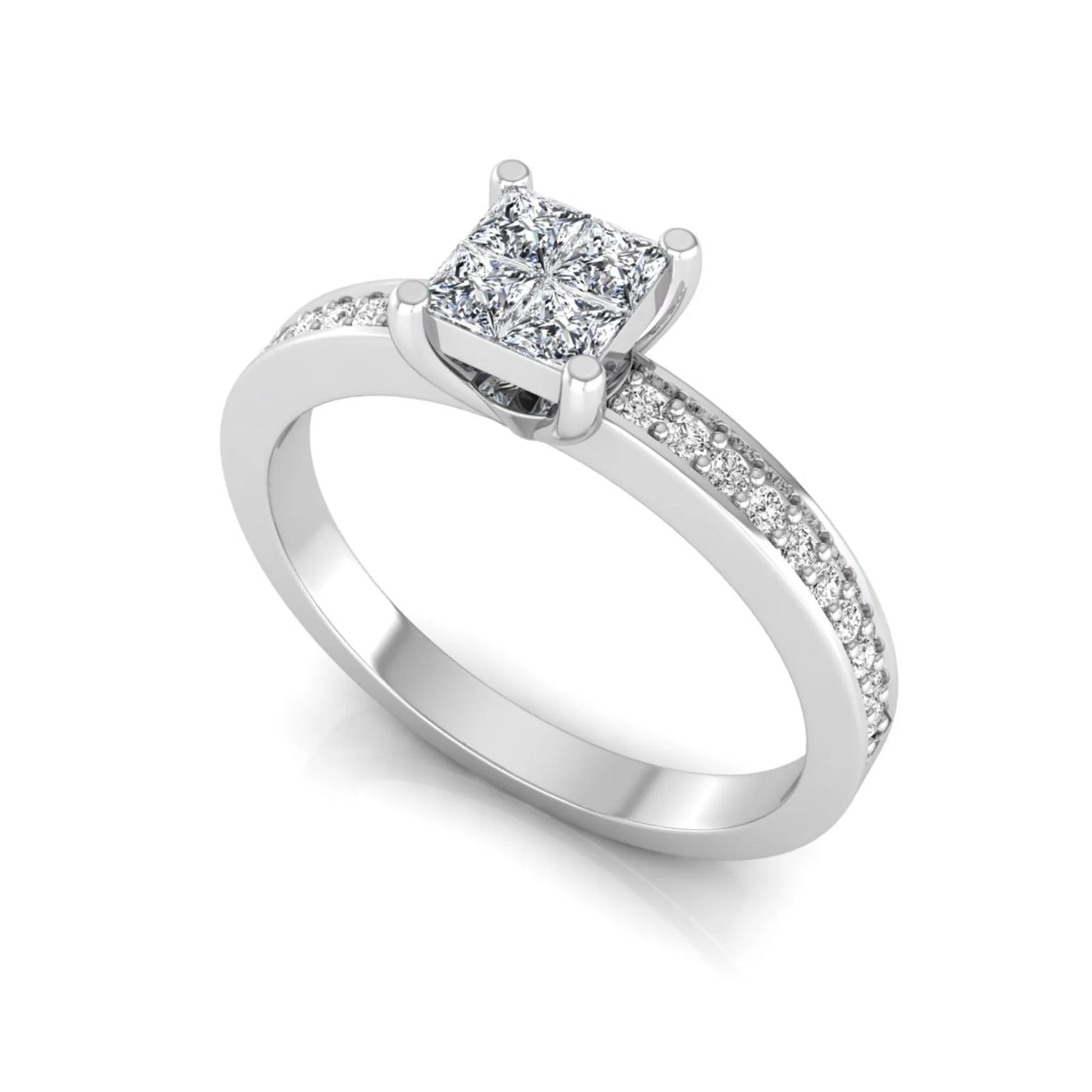 Princess cut cluster lab grown diamond engagement ring with four-prong setting and round pavé diamond band in white gold metal finish.