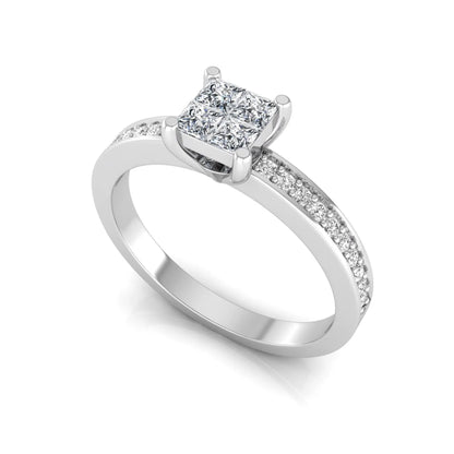 Princess cut cluster lab grown diamond engagement ring with four-prong setting and round pavé diamond band in white gold metal finish.