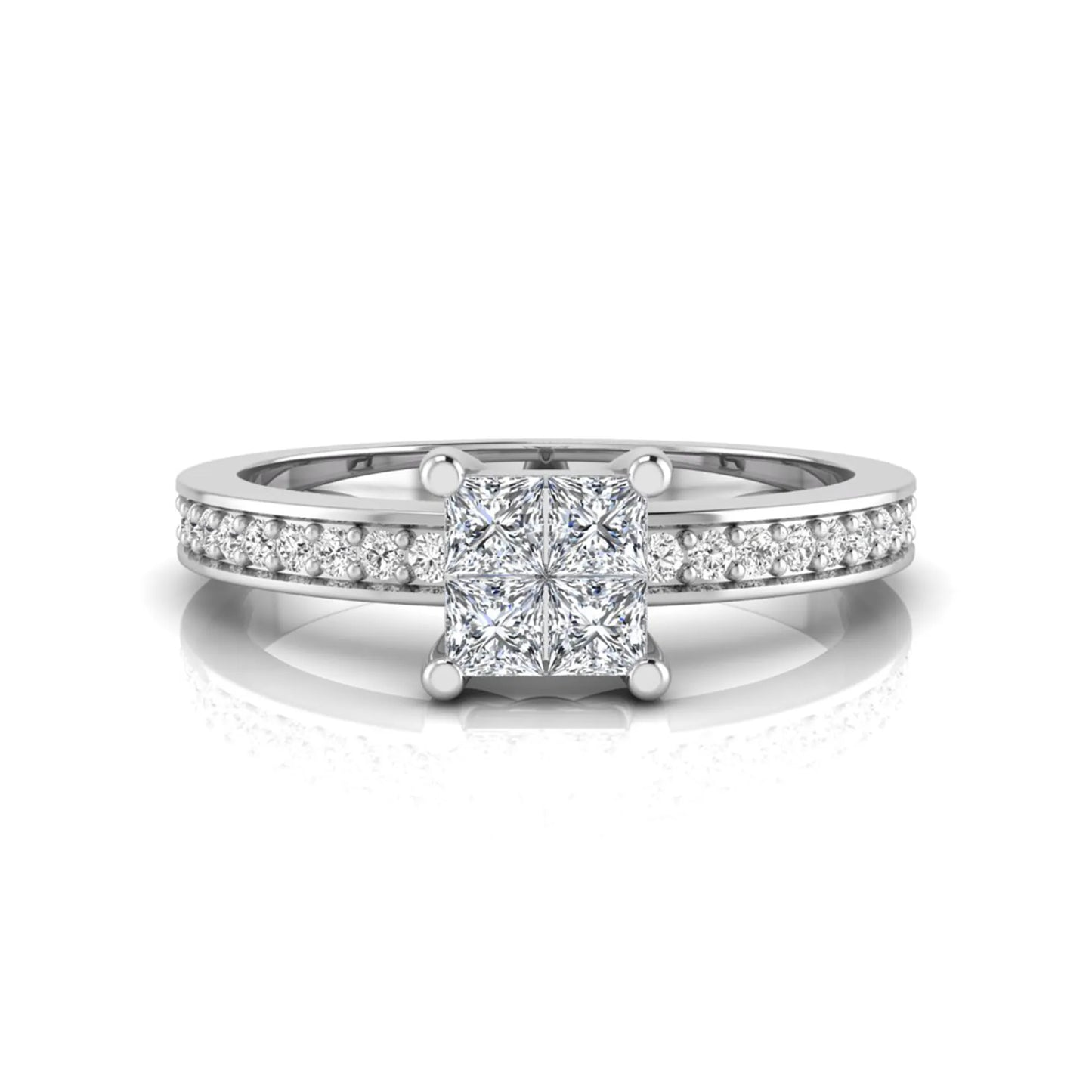 Princess cut cluster lab grown diamond engagement ring with four-prong setting and round pavé diamond band in white gold metal finish.