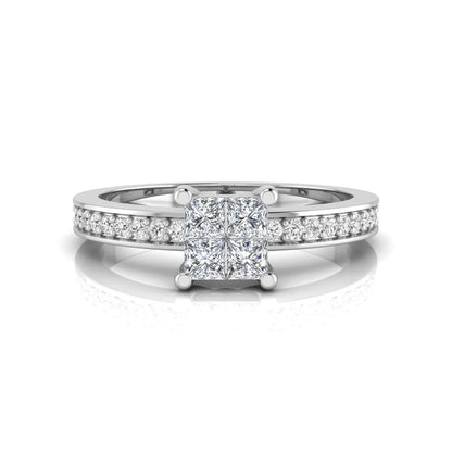 Princess cut cluster lab grown diamond engagement ring with four-prong setting and round pavé diamond band in white gold metal finish.