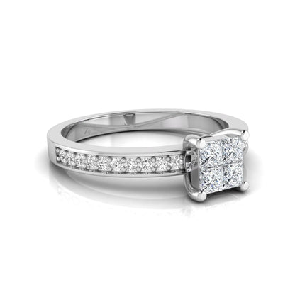 Princess cut cluster lab grown diamond engagement ring with four-prong setting and round pavé diamond band in white gold metal finish.