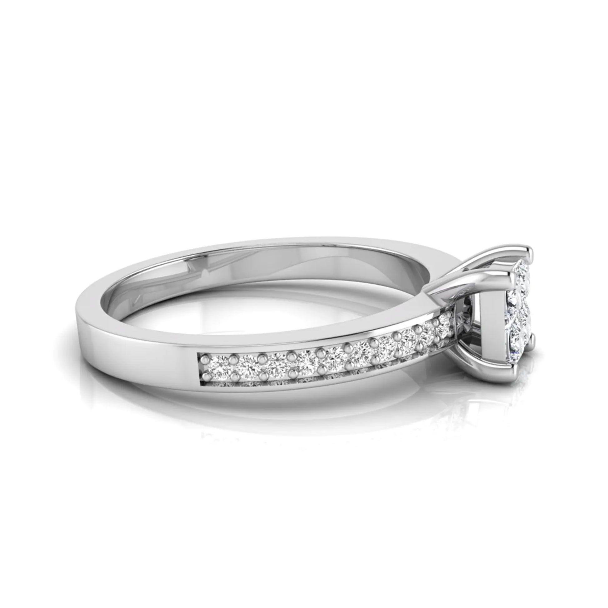 Princess cut cluster lab grown diamond engagement ring with four-prong setting and round pavé diamond band in white gold metal finish.