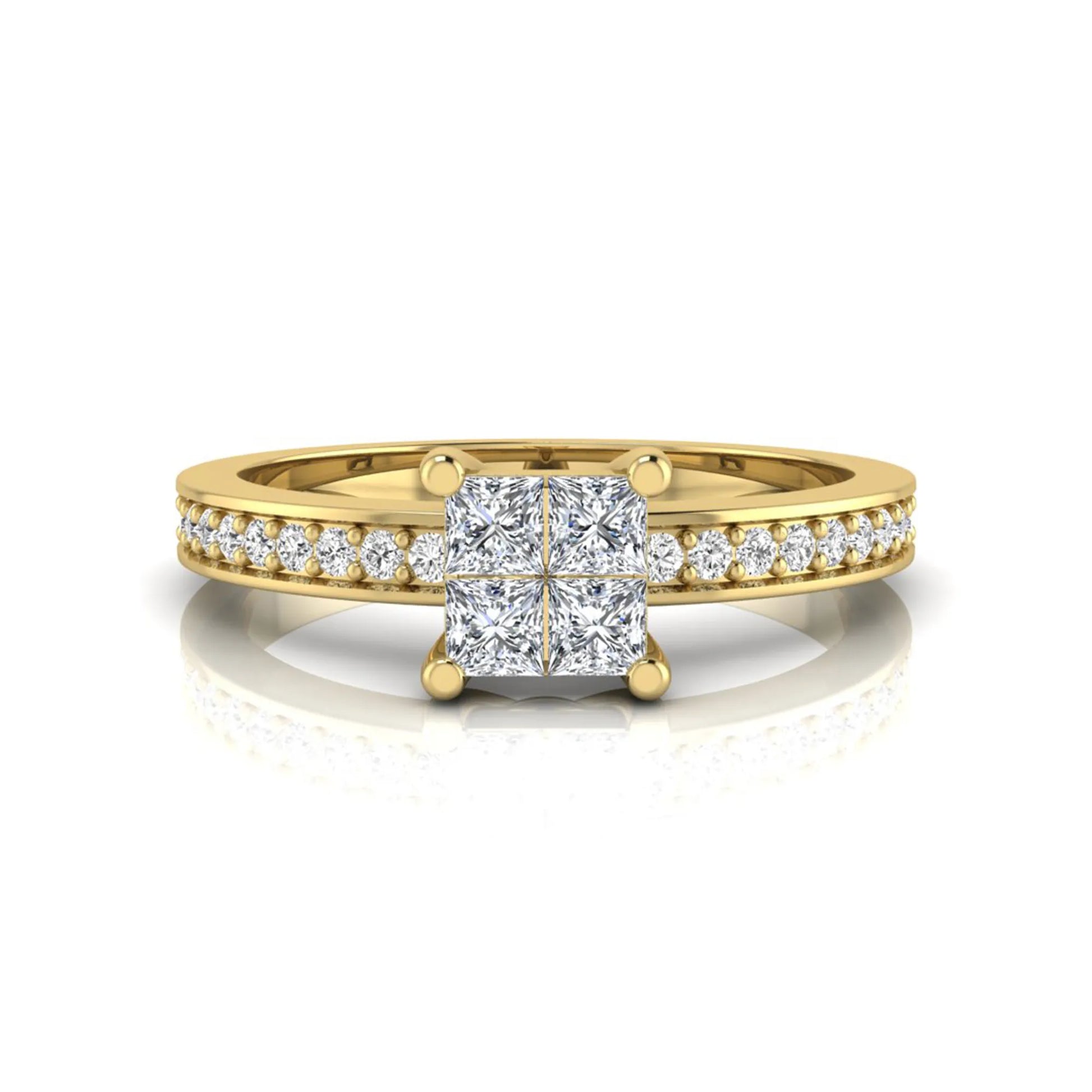 Princess cut cluster lab grown diamond engagement ring with four-prong setting and round pavé diamond band in yellow gold metal finish.
