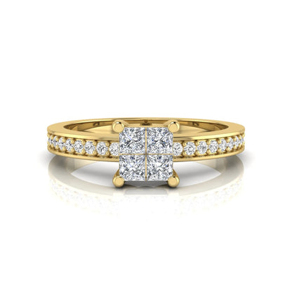 Princess cut cluster lab grown diamond engagement ring with four-prong setting and round pavé diamond band in yellow gold metal finish.