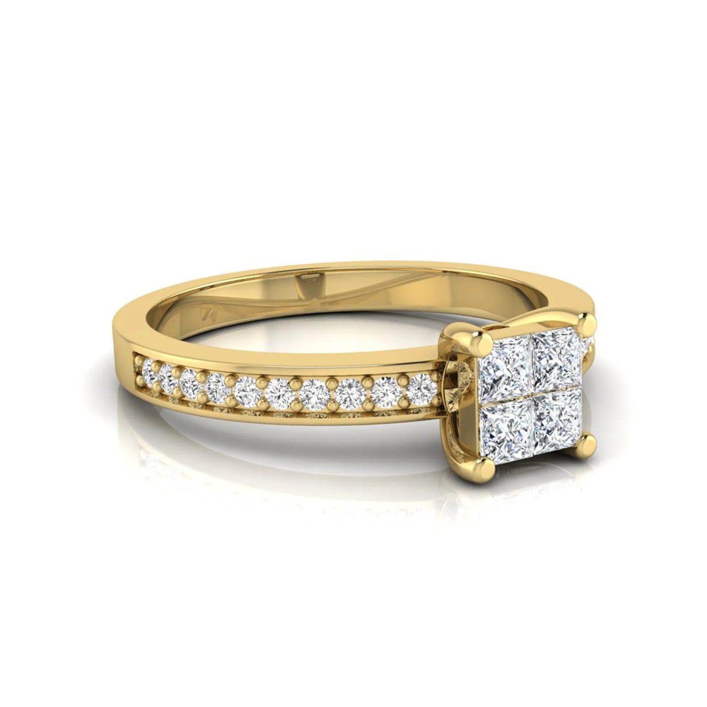 Princess cut cluster lab grown diamond engagement ring with four-prong setting and round pavé diamond band in yellow gold metal finish.