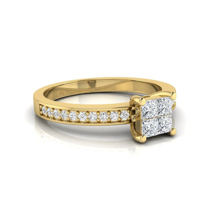 Princess cut cluster lab grown diamond engagement ring with four-prong setting and round pavé diamond band in yellow gold metal finish.