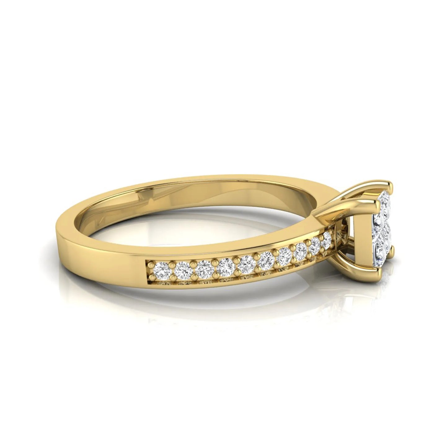 Princess cut cluster lab grown diamond engagement ring with four-prong setting and round pavé diamond band in yellow gold metal finish.