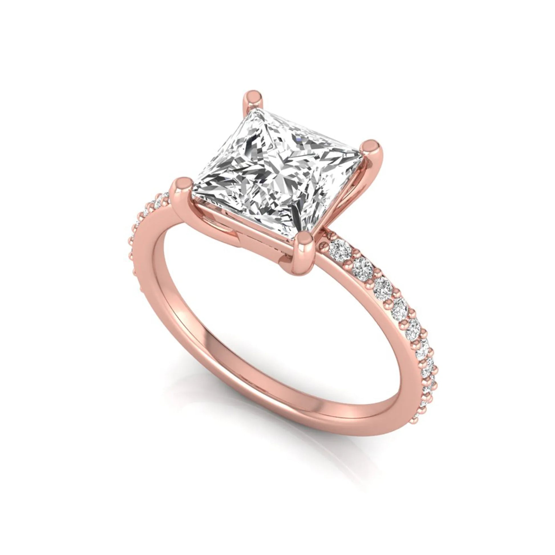 Princess cut four prong lab grown diamond engagement ring featuring a 1.96 carat IGI certified center diamond with round cut pavé diamonds on a classic solitaire band in rose gold