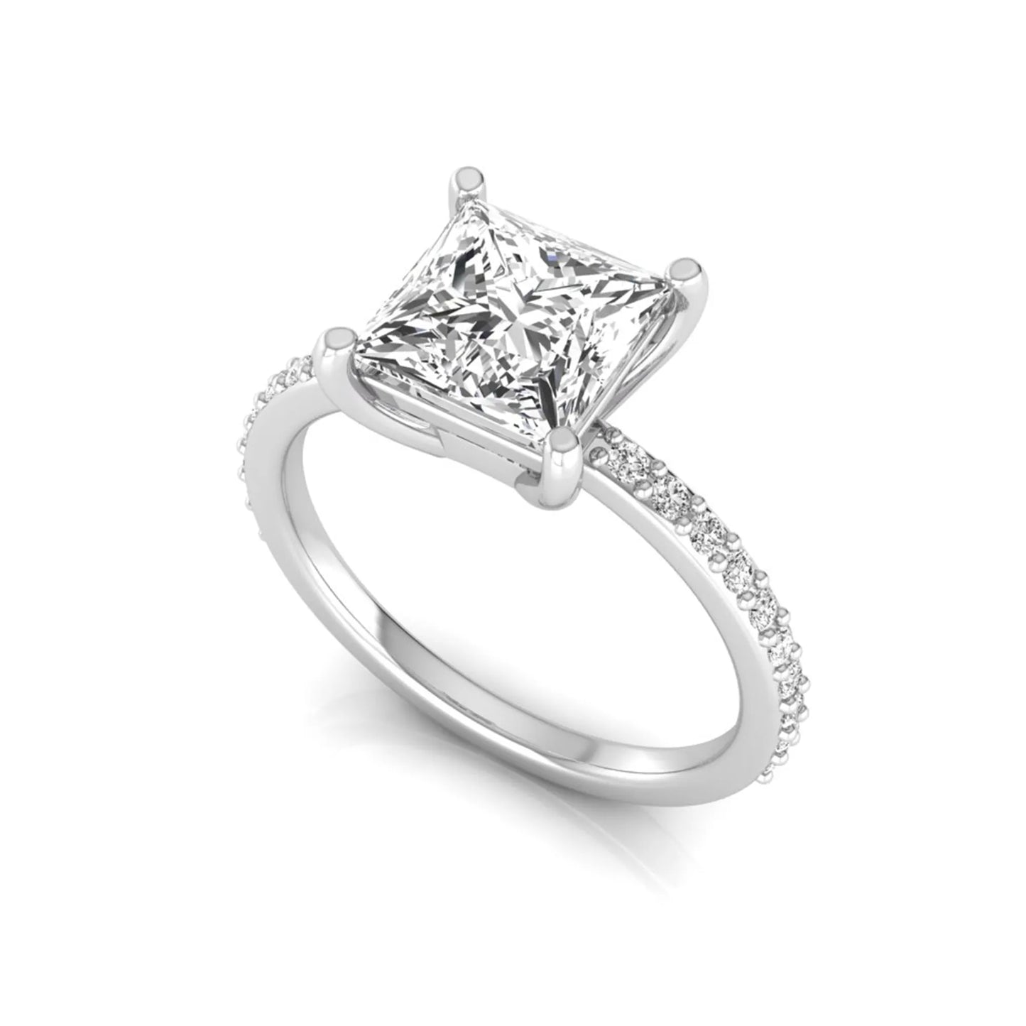 Princess cut four prong lab grown diamond engagement ring featuring a 1.96 carat IGI certified center diamond with round cut pavé diamonds on a classic solitaire band in white gold
