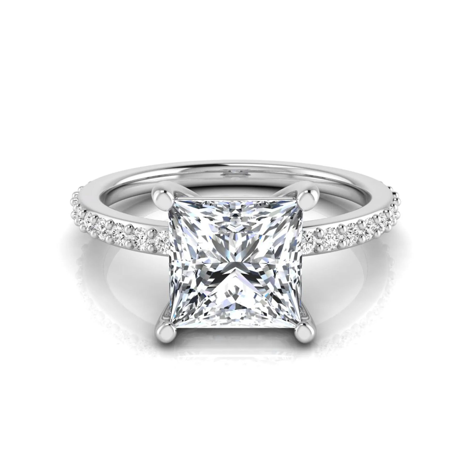 Princess cut four prong lab grown diamond engagement ring featuring a 1.96 carat IGI certified center diamond with round cut pavé diamonds on a classic solitaire band in white gold