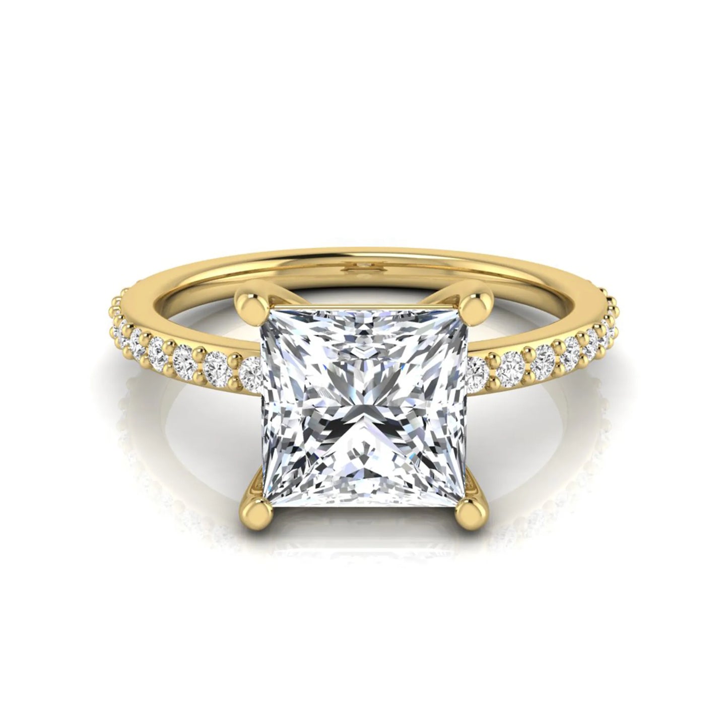 Princess cut four prong lab grown diamond engagement ring featuring a 1.96 carat IGI certified center diamond with round cut pavé diamonds on a classic solitaire band in yellow gold
