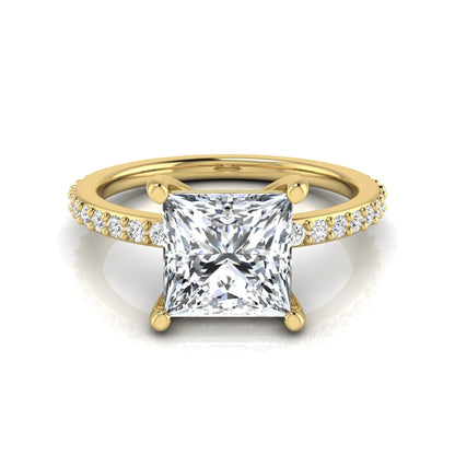 Princess cut four prong lab grown diamond engagement ring featuring a 1.96 carat IGI certified center diamond with round cut pavé diamonds on a classic solitaire band in yellow gold