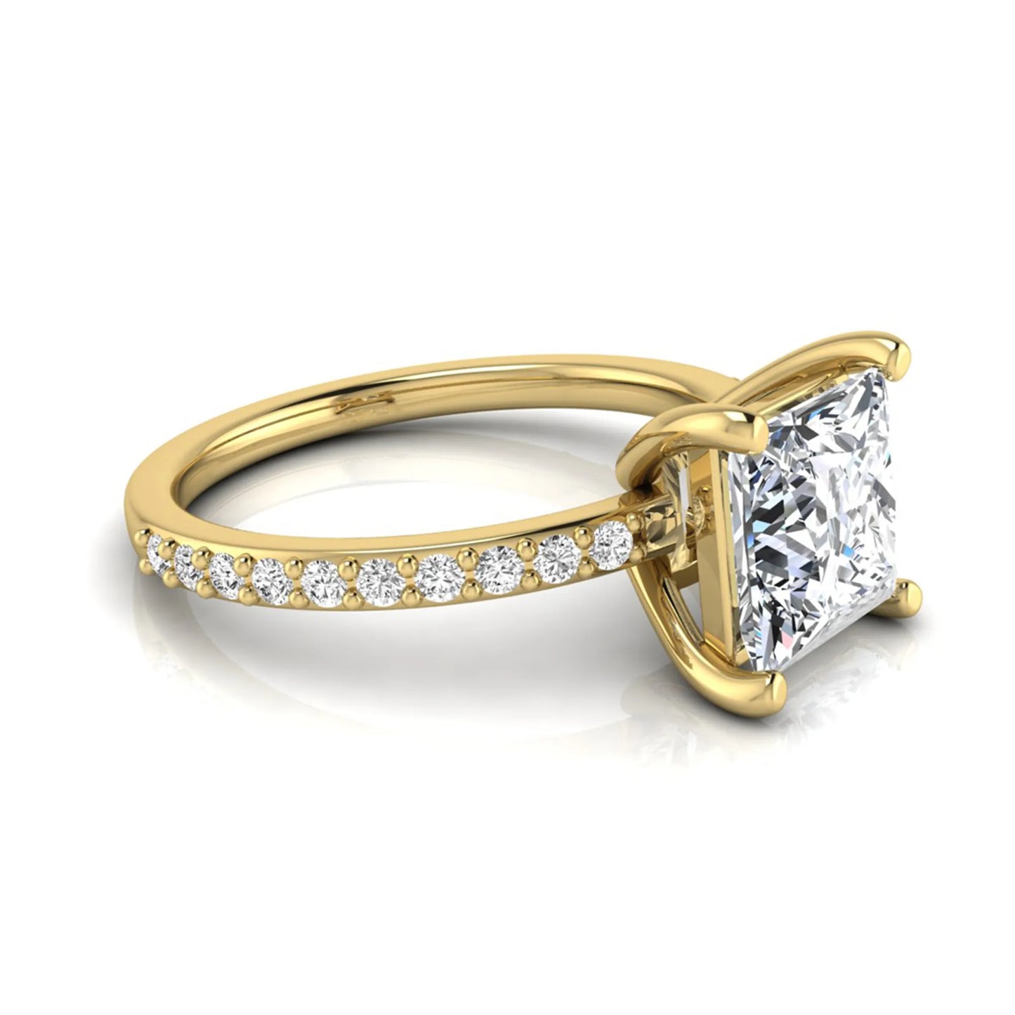 Princess cut four prong lab grown diamond engagement ring featuring a 1.96 carat IGI certified center diamond with round cut pavé diamonds on a classic solitaire band in yellow gold