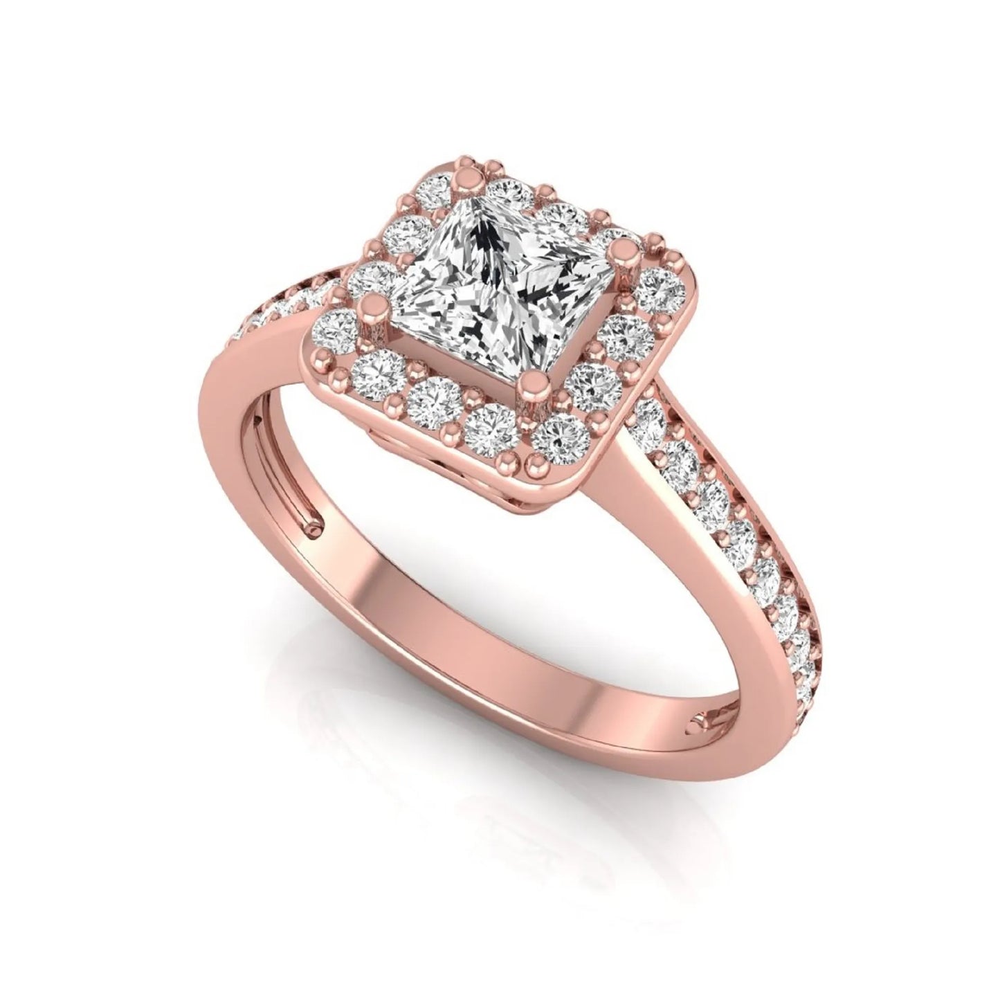 Princess Cut Halo Lab Grown Diamond Engagement Ring featuring a princess cut center diamond surrounded by a round diamond halo with a pavé band in a rose gold tone design.
