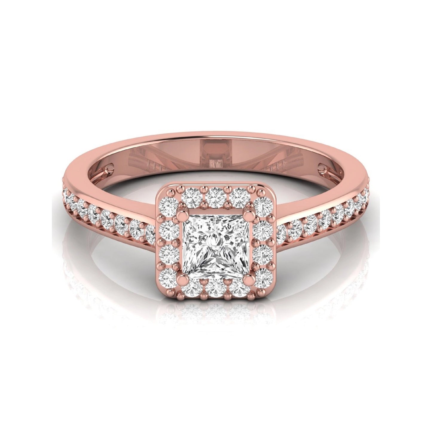 Princess Cut Halo Lab Grown Diamond Engagement Ring featuring a princess cut center diamond surrounded by a round diamond halo with a pavé band in a rose gold tone design.