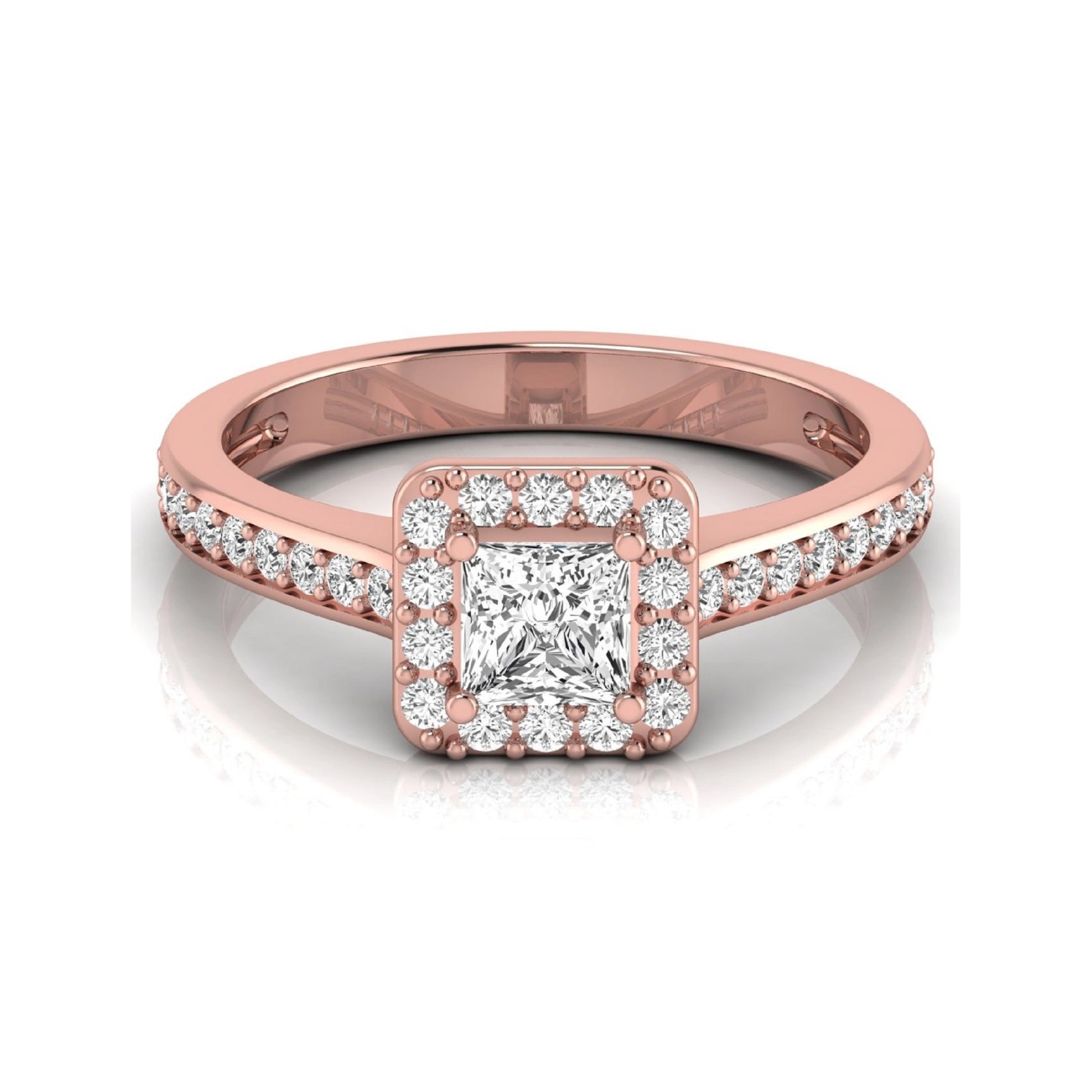 Princess Cut Halo Lab Grown Diamond Engagement Ring featuring a princess cut center diamond surrounded by a round diamond halo with a pavé band in a rose gold tone design.