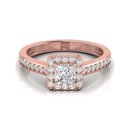 Princess Cut Halo Lab Grown Diamond Engagement Ring featuring a princess cut center diamond surrounded by a round diamond halo with a pavé band in a rose gold tone design.