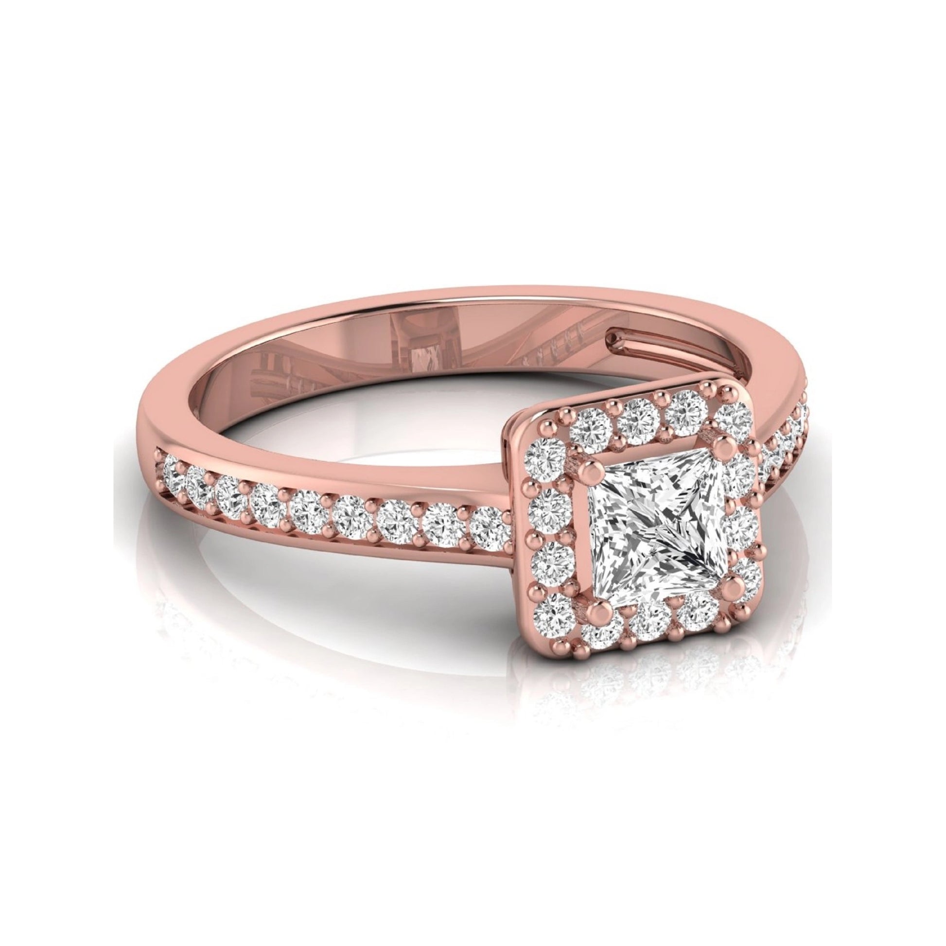 Princess Cut Halo Lab Grown Diamond Engagement Ring featuring a princess cut center diamond surrounded by a round diamond halo with a pavé band in a rose gold tone design.